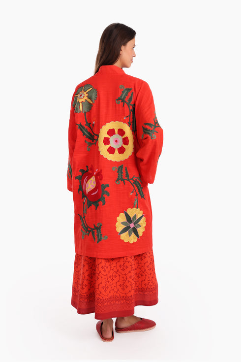 Fully embroidered short coat in cotton slub with pockets